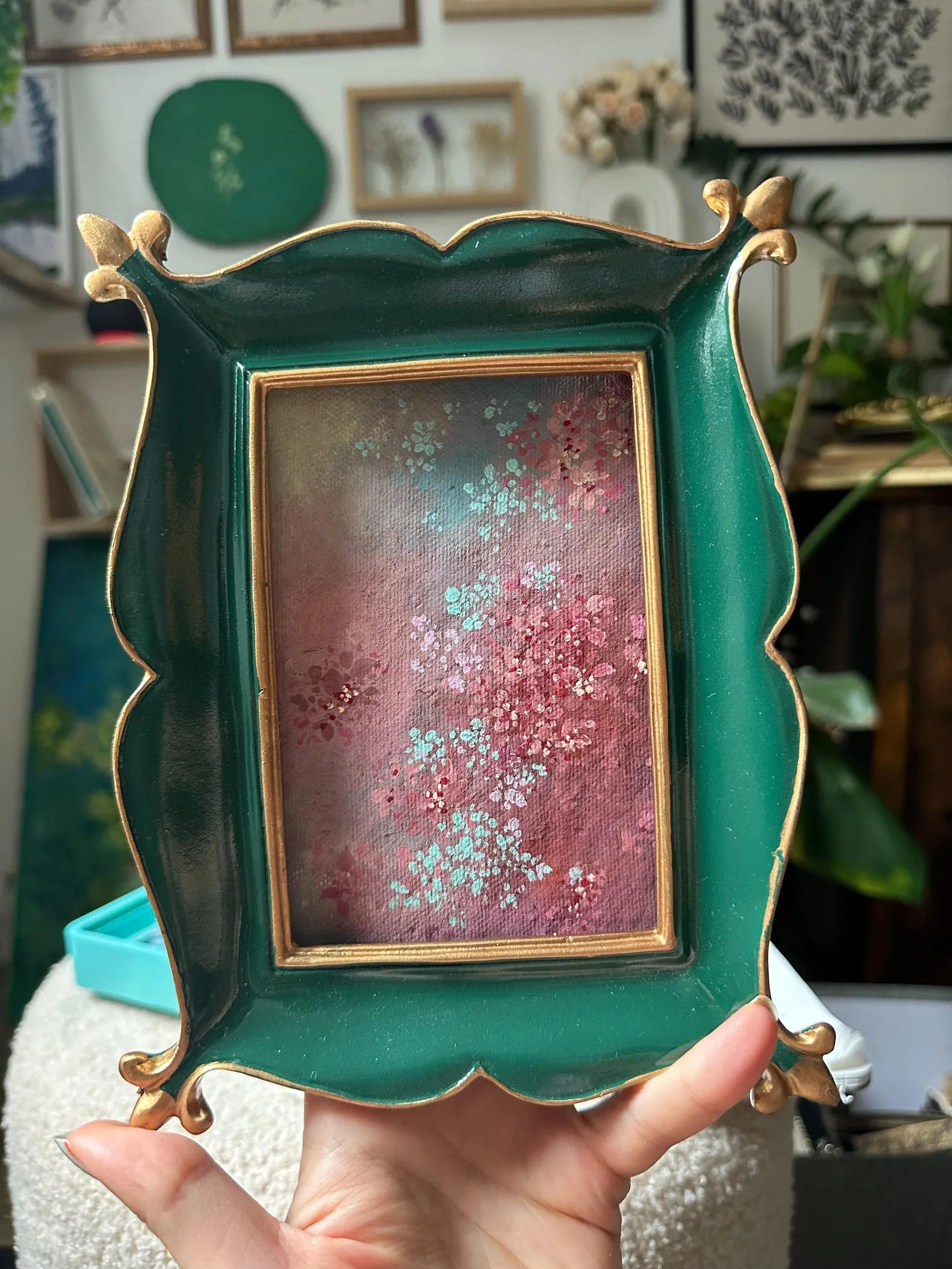 Original Gouache Rose Painting, Vintage Green Scalloped Frame, Miniature Floral Wall Art