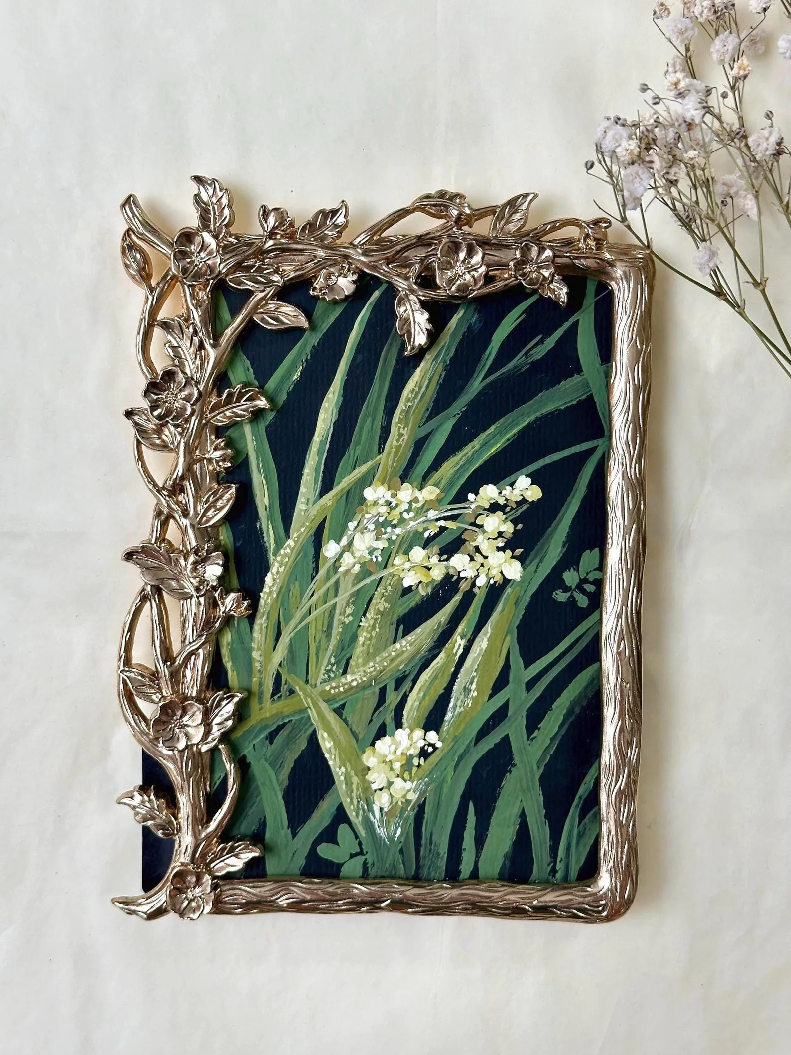 Original Gouache Wildflower Painting, White Blooms on Dark Green, Silver Vine Frame, Botanical Wall Art