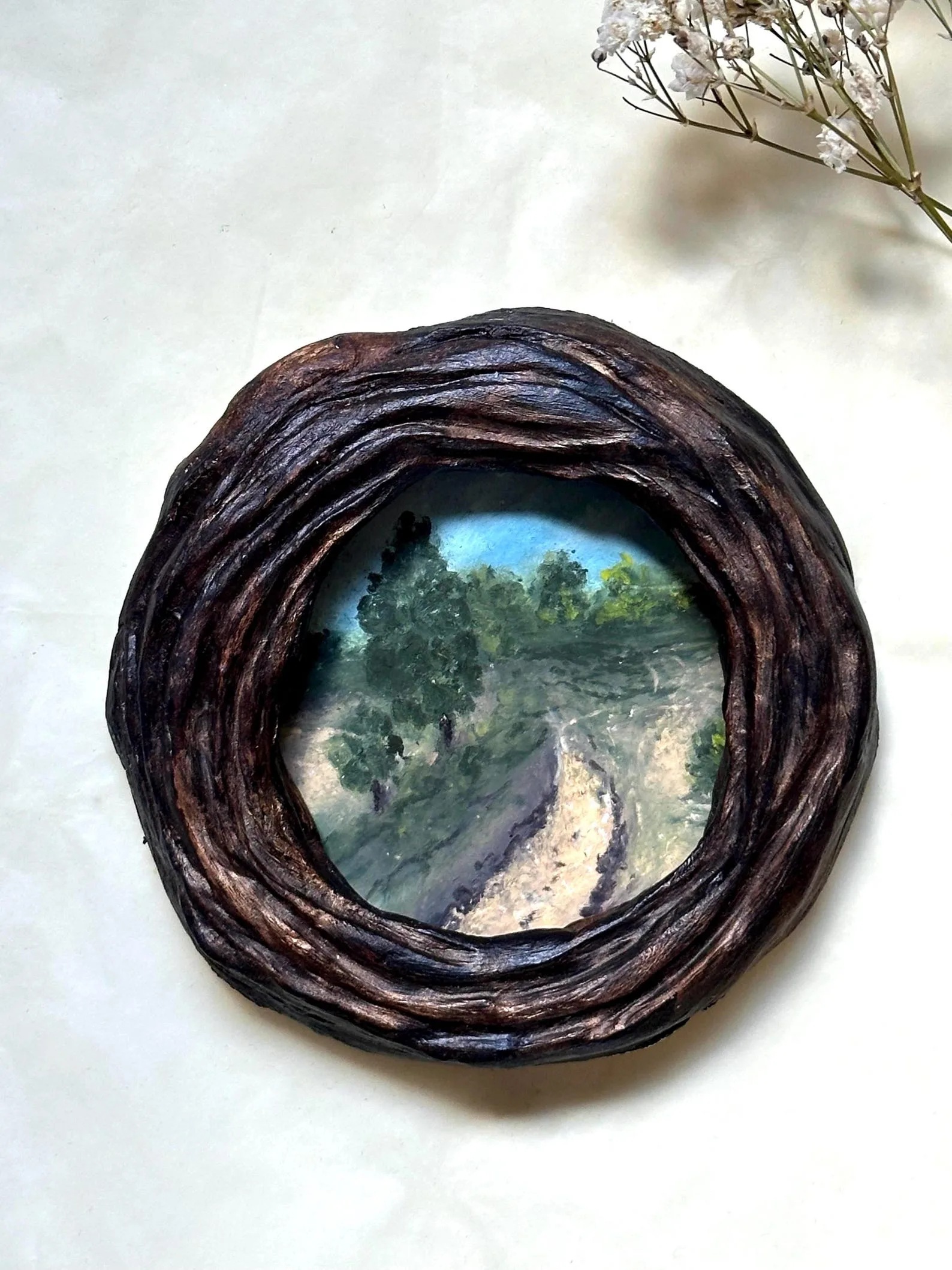 Original Gouache Miniature Painting, Nest Frame, Cottagecore Landscape Wall Art