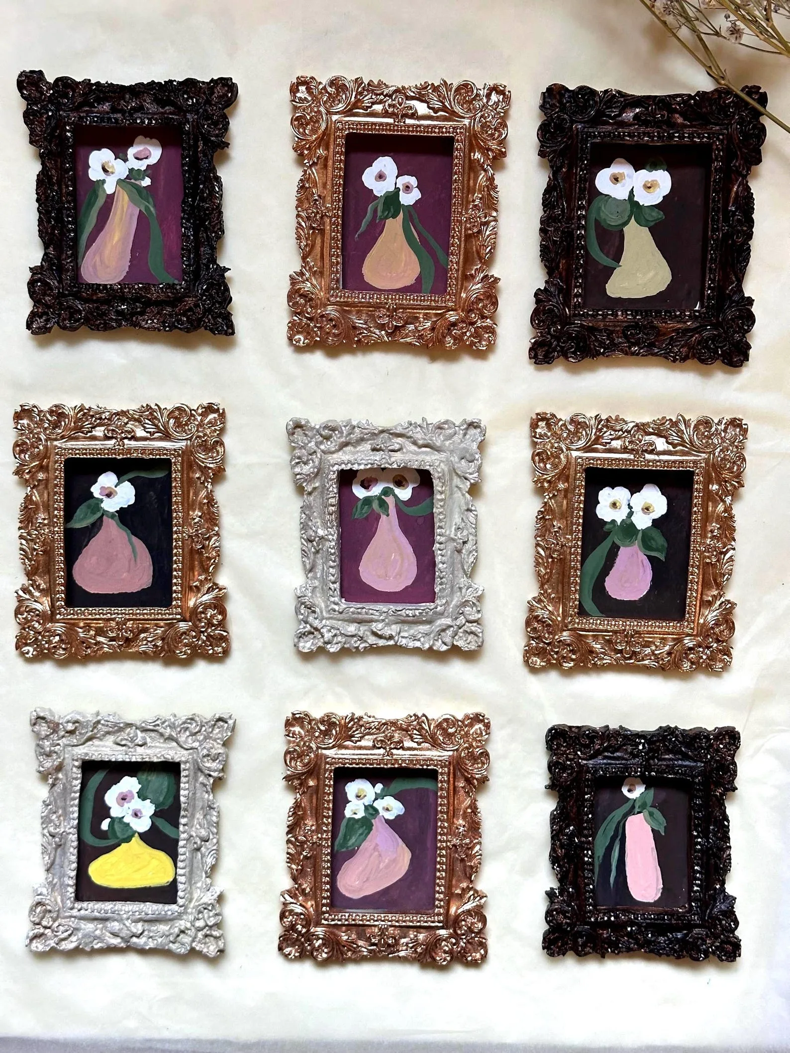 Miniature Original Flower Painting, Ornate Framed Botanical Art, Choose 1 of 9 Originals