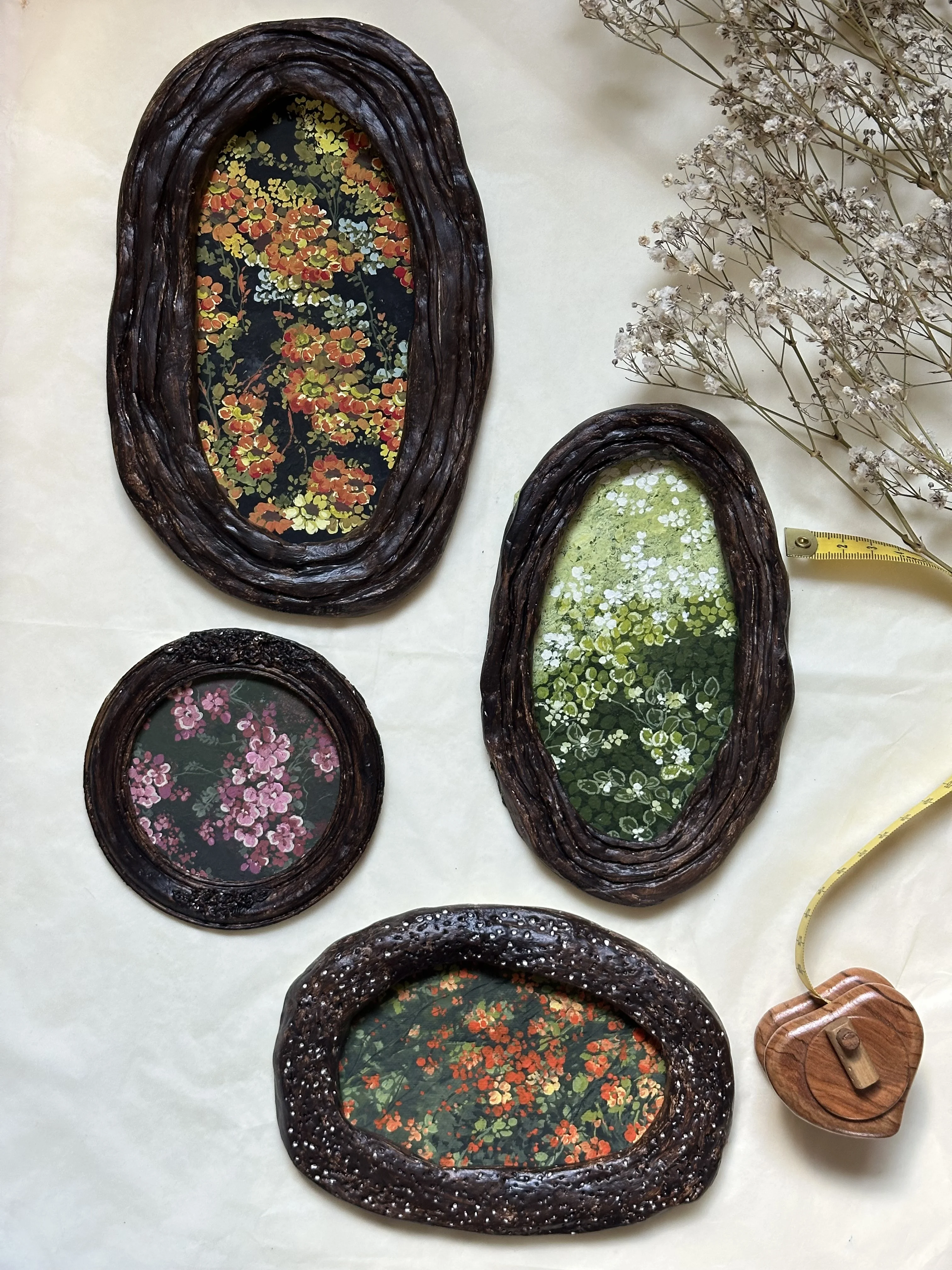 Handmade Ceramic Collection with Floral Artworks. Gouache on paper  ·  Hand-built ceramic frame, artist's own