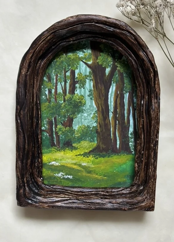Forest Interior. Gouache on paper  ·  Hand-built ceramic frame, artist's own