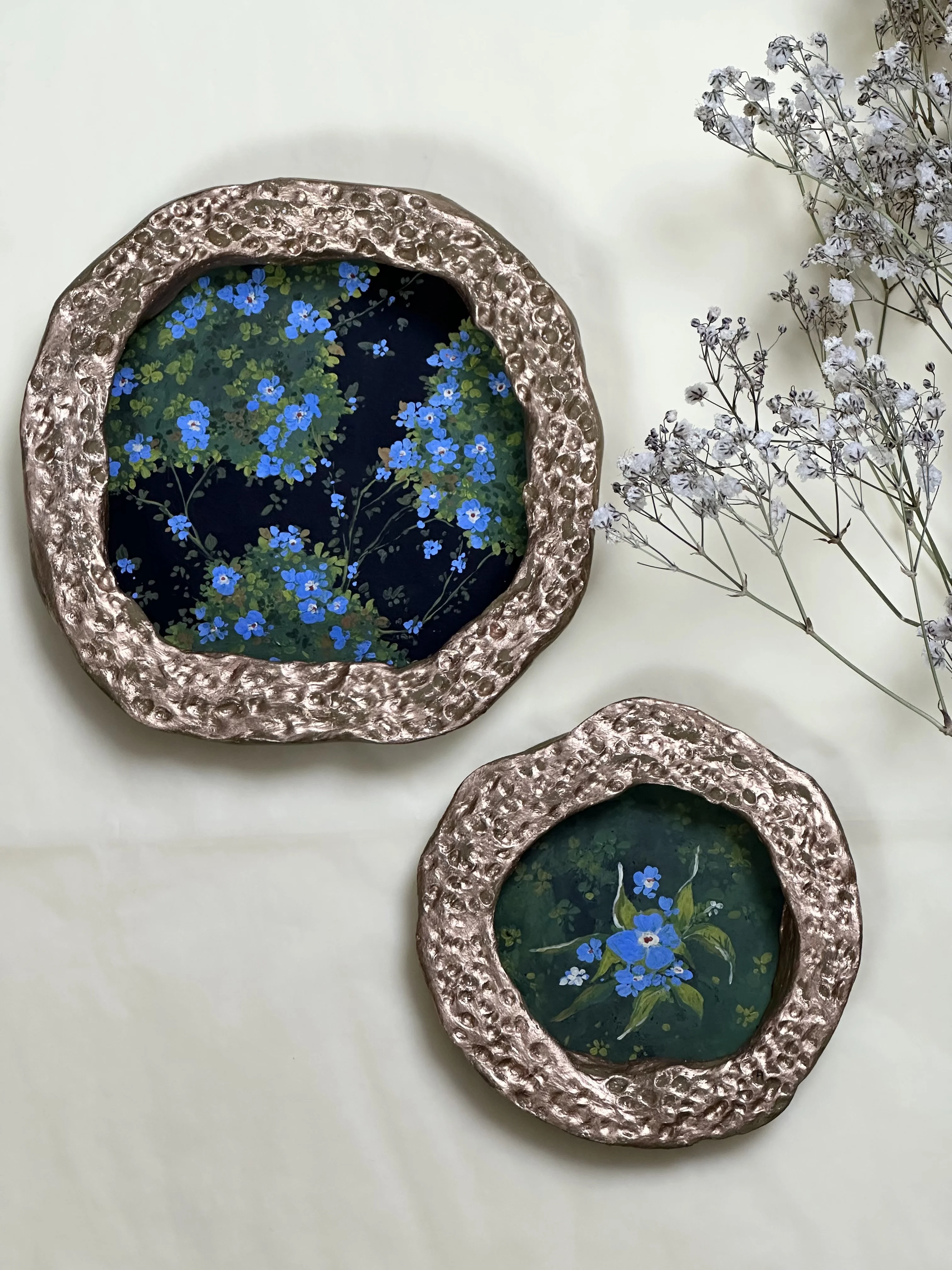 Forget-Me-Nots, a pair. Gouache on paper · Handmade ceramic frames