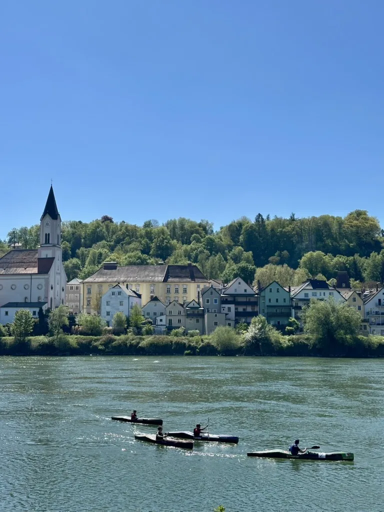 Rowers on the river in Passau below the old town