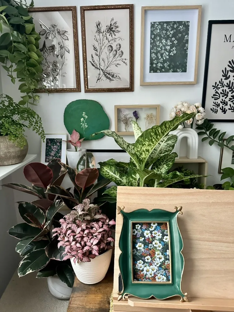 Studio corner with framed botanical prints, houseplants and a small floral painting